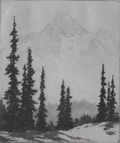 Harold Doolittle 2 aquatints: Harold Doolittle (American 1883-1974)- ''Pines, Snow and Mountains''; ''Tall Pines and Mt. Peak''- 2 aquatints, ca. 1940, both signed in pencil, very good condition. 3 1/8 x 4 1/4''; 3 3/4 x 3 1/8''