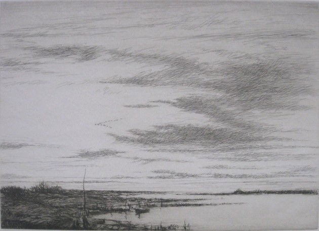 Kerr Eby etching: Kerr Eby (American 1889-1946)- ''Salt Marshes'' (Giardina 156)- etching, 1928/30, signed and numbered 20/90 in pencil, very good condition. 9 5/8 x 13 3/8''