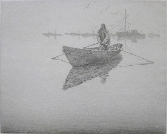 Kerr Eby etching: Kerr Eby (American 1889-1946)- ''Lobster Float'' (Giardina 193)- etching, 1937, signed in pencil, edition of 100, some mat burn. 9 5/16 x 11 1/16''