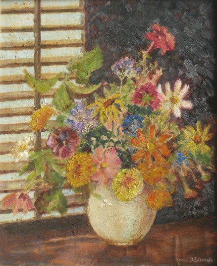 Grace D. Edwards oil: Grace D. Edwards (American 1879-1943)- ''Bouquet''- oil on canvasboard, signed 'Grace D. Edwards' lower right. 22 x 17 1/2'' Exhibited: Montclair Art Museum, Montclair, New Jersey