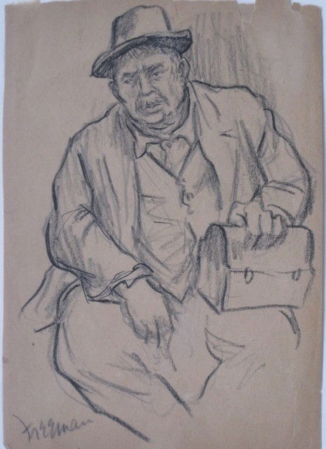 Don Freeman 2 drawings: Don Freeman (American 1908-1978)- 2 drawings- ''Man with Lunch Pail''- crayon and pen and ink on brown paper, signed lower left; ''Delivery Boy''- graphite on buff light weight wove paper, ca. 1930's,