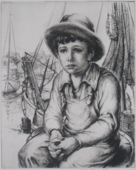 Arthur W. Heintzelman drypoint: Arthur W. Heintzelman (American 1890-1965)- ''Portuguese Fisherman's Son'' (Smith 247)- drypoint, 1940, signed in pencil, edition of 300, faintly light struck, minor soiling in margin, slightly weak a