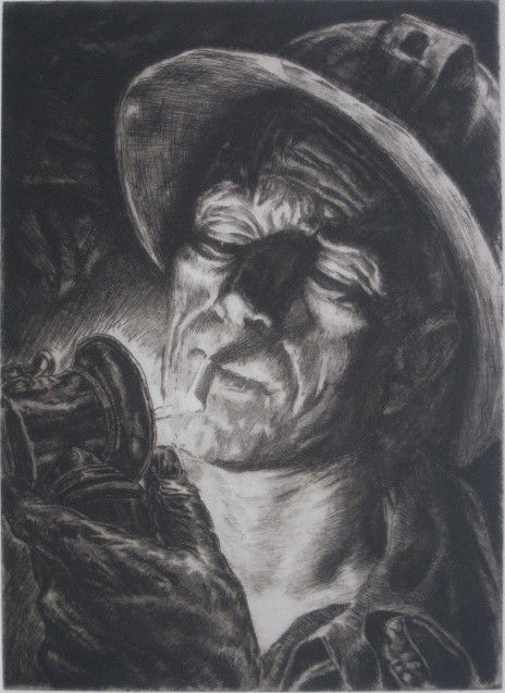 Irwin Hoffman etching: Irwin Hoffman (American 1901-1989)- ''Cigarette Underground''- etching, signed and titled in pencil, very good condition. 10 7/8 x 7 7/8''