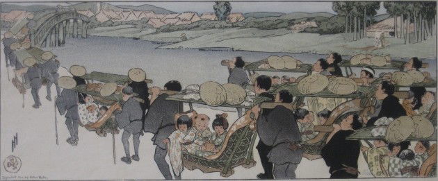 Helen Hyde woodcut: Helen Hyde (American 1868-1919)- ''Going To The Fair'' (Mason 86)- woodcut in colors, 1910, signed in pencil, small tear in bottom edge, not affecting image. 7 1/4 x 19''