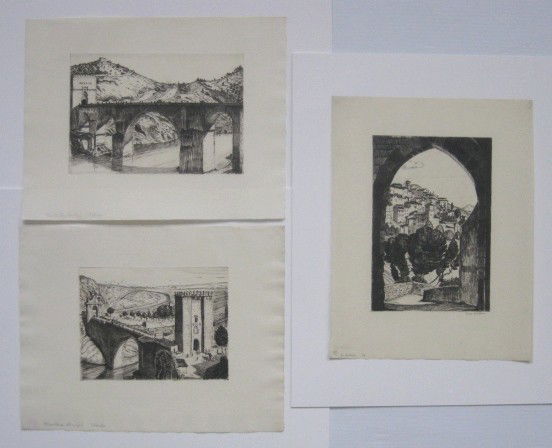 Max Kuehne 3 etchings: Max Kuehne (American 1880-1968)- ''Alcantara Bridge, Toledo Spain''; ''Puenta San Martin, Toledo, Spain'' and ''The Archway''- 3 etchings, 1 signed in pencil (Alcantara Bridge), all titled in pencil,