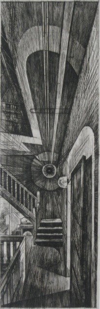 Armin Landeck engraving: Armin Landeck (American 1905-1984)- ''Stairs To The Roof'' (Kraeft 137)- engraving, 1982, signed, dated and annotated 'Ed. 100' in pencil, very good condition. 15 3/4 x 5 3/8''
