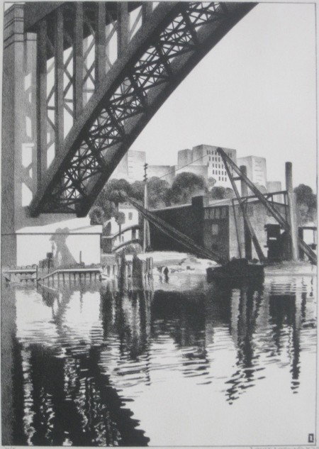 Louis Lozowick lithograph: Louis Lozowick (American 1892-1973)- ''High Bridge'' (Flint 13)- lithograph, 1929, signed, dated and numbered in pencil, this is from the second edition of 10 printed in 1972, very good condition. 12 