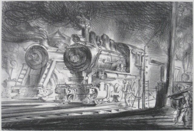 Reginald Marsh lithograph: Reginald Marsh (American 1898-1954)- ''Switch Engines, Erie Yards, Jersey City'' (Sasowsky 30)- lithograph, 1948, signed in pencil, edition of 253 plus 10, Print Club of Cleveland publication no. 25,