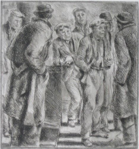 Reginald Marsh etching and drypoint: Reginald Marsh (American 1898-1954)- ''Bowery'' (Sasowsky 54 v/VII)- etching and drypoint, 1928, signed by Felicia Marsh 'Reginald Marsh F. M.' in pencil, very good condition. 6 1/4 x 5 7/8''
