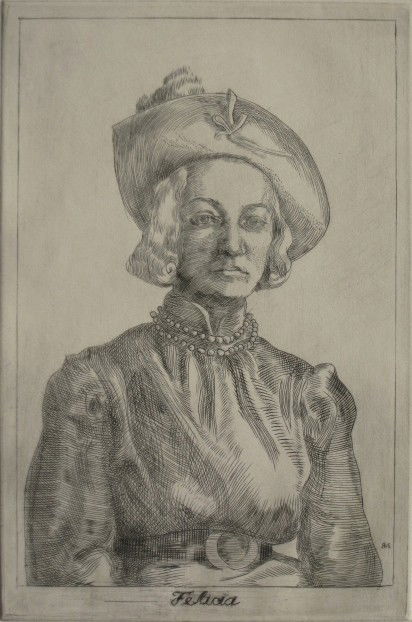 Reginald Marsh engraving: Reginald Marsh (American 1898-1954)- ''Felicia'' (Sasowsky 173 vii/VII)- engraving, 1937, signed Reginald Marsh (F. M.) by the artist's widow, a lifetime impression printed by Marsh. 11 5/8 x 8''
