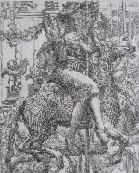 Reginald Marsh engraving: Reginald Marsh (American 1898-1954)- ''Merry-Go-Round'' (Sasowsky 179)- engraving, 1938, Whitney Museum no. 35/100, as published in 1969, Whitney Museum blindstamp, very good condition. 9 3/4 x 7 3/4'