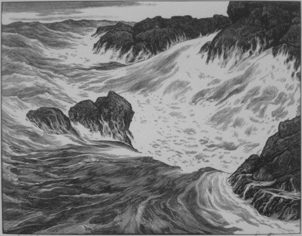 Leo Meissner wood engraving: Leo Meissner (American 1895-1977)- ''Tidal Surge''- wood engraving, 1961, signed and titled in pencil, presentation print for the Print Club of Albany, edition of 125. 8 1/2 x 10 3/4''