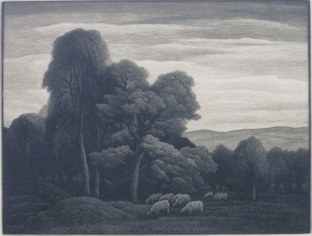 Thomas W. Nason 2 wood engravings: Thomas W. Nason (American 1889-1971)- Landscape with Sheep- wood engraving, signed and numbered 21/75 in pencil, slightly light struck, together with ''Christmas Greeting''- wood engraving, 1937. 5 x