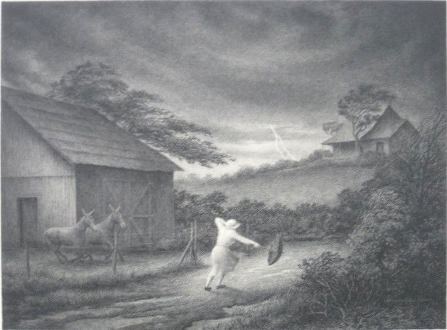 Jackson Lee Nesbitt lithograph: Jackson Lee Nesbitt (American 1913-)- ''September Storm'' (Retif & Salzer 38)- lithograph, 1989, signed, titled, dated and numbered 95/250 in pencil, very good condition. 11 7/8 x 16''