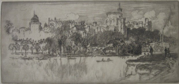 Joseph Pennell etching: Joseph Pennell (American 1857-1926)- ''Windsor from Eton'' (Wuerth 282)- etching, 1903, signed in pencil, light struck and smudging in margins, otherwise good condition. 5 1/2 x 12 1/8''