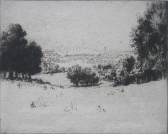 Joseph Pennell etching: Joseph Pennell (American 1857-1926)- ''Philadelphia from Belmont'' (Wuerth 751)- etching, 1920, signed in pencil, edition of 50, very slightly light struck. 7 7/8 x 9 7/8''