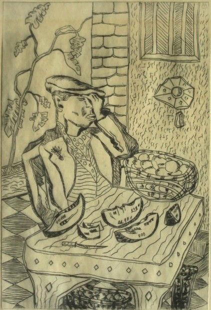 Fred Schmidt etching: Fred Schmidt (American 20th c.)- ''Melon Vendor''- etching, ca. 1940, signed, titled and numbered 3/12 in pen, very good condition. 8 7/8 x 6''