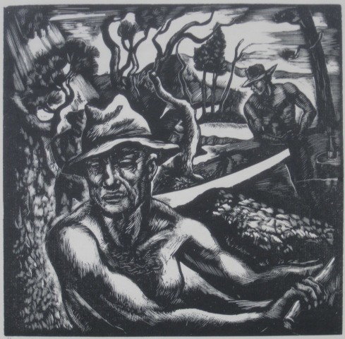 Howard Simon wood engraving: Howard Simon (American 1903-1979)- ''Rhythms of Men in the Wilderness''- wood engraving, 1948, signed in pencil, very good condition. 6 15/16 x 6 15/16''