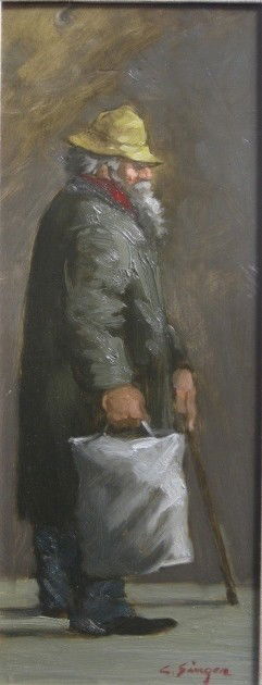 Clyde Singer oil: Clyde Singer (American 1908-1999)- ''Bearded Man on Broadway''- oil on masonite, 1968, signed c. Singer lower right, titled, signed and dated verso, very good condition. 16 x 6''