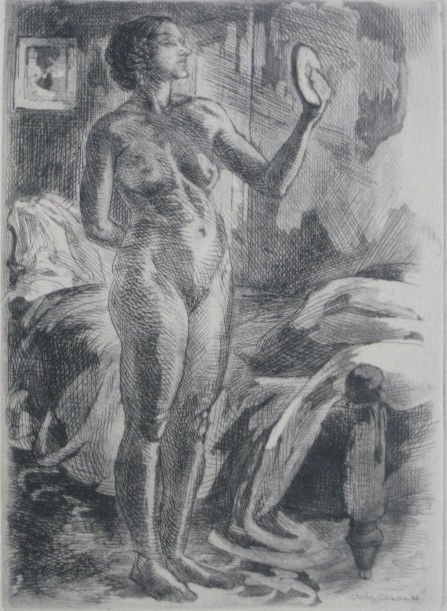 John Sloan etching and aquatint: John Sloan (American 1871-1951)- ''Nude with Mirror'' (Morse 220)- etching and aquatint, 1926, signed and titled in pencil, edition of 45 (100 intended), very good condition. 6 3/4 x 5''