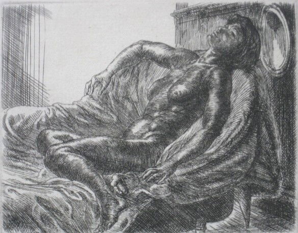 John Sloan etching and engraving: John Sloan (American 1871-1951)- ''Nude with Halo'' (Morse 258 iii/III)- etching and engraving, 1931, signed and titled in pencil, edition of 45 (100 intended), very good condition. 3 3/4 x 4 7/8''
