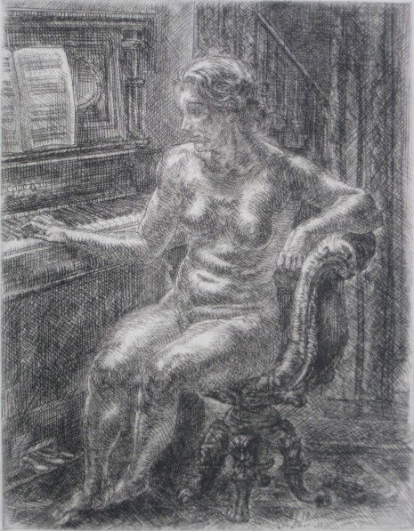 John Sloan etching: John Sloan (American 1871-1951)- ''Nude at Piano'' (Morse 265)- etching, 1933, signed, titled and numbered in pencil, edition of 85 (100 intended), very good condition. 6 7/8 x 5 3/8''