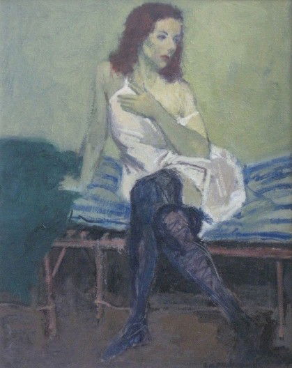 Raphael Soyer oil: Raphael Soyer (American 1899-1987)- Model on Bench- oil on canvas, signed Raphael Soyer lower right, very good condition. 20 x 16'' Provenance: Garelick's Gallery, Detroit