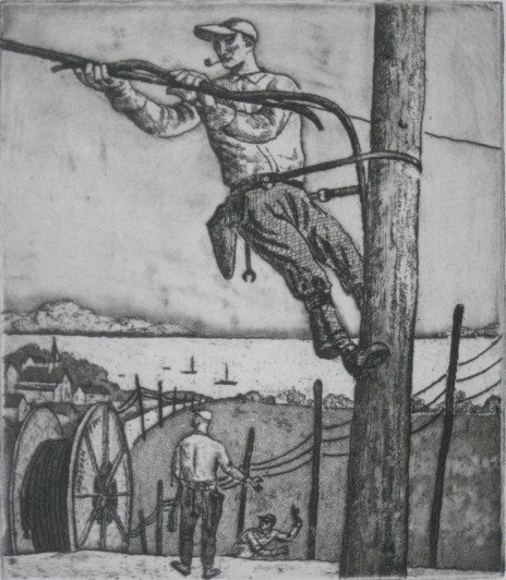 Harry Sternberg etching: Harry Sternberg (American 1904-2002)- ''Line Crew Placing A New Cable''- etching, signed in pencil, produced for Bell Telephone Magazine, as accompanied by original label. 6 3/4 x 5 7/8''