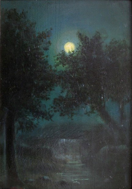 Harry Willson Watrous oil: Harry Willson Watrous (American 1857-1940)- ''Moonlight Waterfall''- oil on board, signed lower left, good condition. 10 x 7''