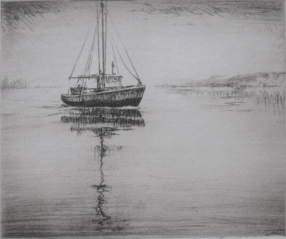 Levon West etching and drypoint: Levon West (American 1900-1968)- ''The Pogy Boat'' (Torrington 106 iv)- etching and drypoint, 1928, signed, titled and numbered 19/100 in pencil (only 33 were printed), very good condition. 9 1/8 x 10