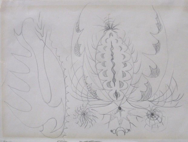 Charles E. Burchfield graphite drawing: Charles E. Burchfield (American 1893-1967)- Study of A Venus Fly Trap- graphite on paper, ca. 1959-60, repaired tear left margin. 4 x 6'' Provenance: Hirschl & Adler Gallery; James Goodman Gallery; Si