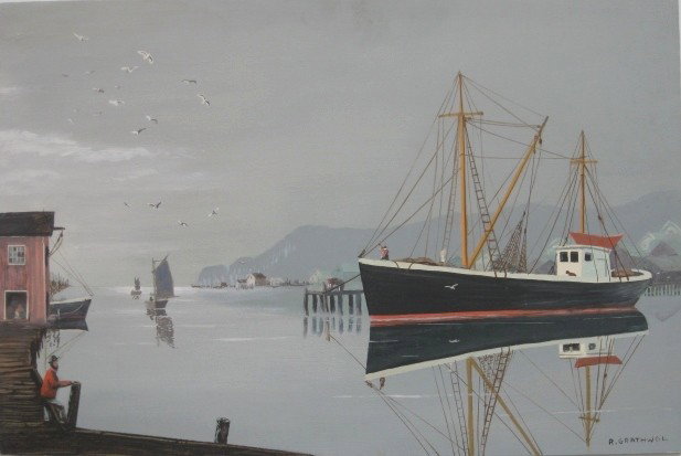 Ray Anthony Grathwol oil: Ray Anthony Grathwol (American 1900-1992)- Ship at Dock- oil on board, signed lower right, very good condition. 23 7/8 x 35 7/8''