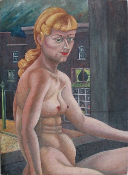 Beni Kosh oil: Beni Kosh (American 1917-1993)- Seated Nude in Window- oil on canvasboard, estate stamped and numbered 417 verso, very good condition. 30 x 22''