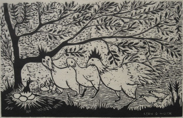 Leon Gordon Miller woodcut: Leon Gordon Miller (American 1917-1997)- ''Nest Egg''- woodcut, signed, titled and numbered 3/50 in pencil, very good condition. 5 x 7 3/4''
