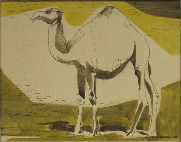 Viktor Schreckengost watercolor: Viktor Schreckengost (American 1906-2008)- ''Camel #4''- watercolor and pen and ink on illustration board, ca. 1957, signed Viktor Schreckengost lower right, slightly light struck otherwise good condi