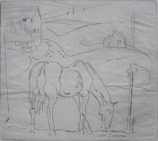 William Sommer etching: William Sommer (American 1867-1949)- Horse in Pasture- etching, good condition. 7 x 7 7/8''