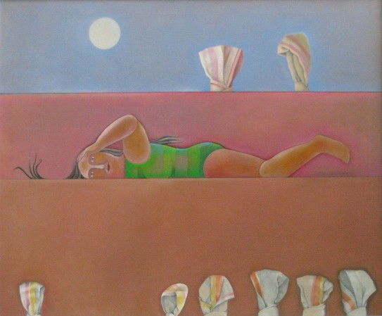 Mary Spain oil: Mary Spain (American 1934-1983)- ''Eternal Swimmer''- oil on canvas, 1978, signed Mary Spain right side, very good condition. 30 x 36''