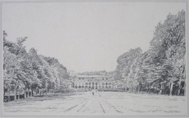 Muirhead Bone lithograph: Muirhead Bone (British 1876-1953)- Chateau Near Boie in The Summer- lithograph, 1918, signed in pencil, artist blindstamp lower right margin, good condition. 7 1/2 x 12''