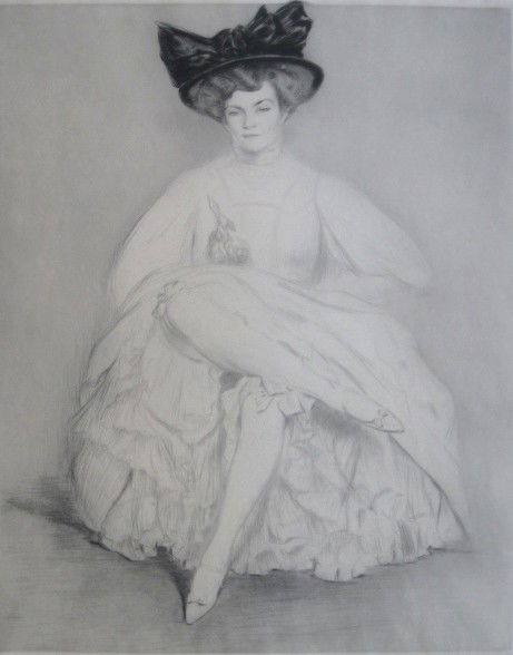 Edgar Chahine drypoint: Edgar Chahine (French 1874-1947)- ''Lily Arena Assise'' (Tobanelli 242)- drypoint, 1907, signed in pencil, edition of 40, paper slightly light struck. 17 1/8 x 21 5/16''