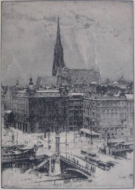 Luigi Kasimir etching: Luigi Kasimir (Austrian 1881-1962)- Vienna- etching, signed in pencil, light struck. 10 1/4 x 7 1/4''