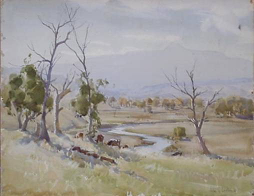 John S. Loxton watercolor: John S. Loxton (Australian 1903-1969)- ''From A Hilltop''- watercolor on illustration board, 1945, signed and dated- lower right, very good condition. 14 3/8 x 18 1/2''