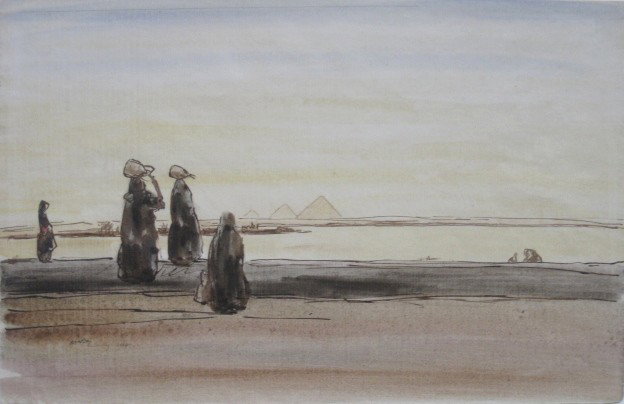 James Mc Bey watercolor and pen and ink: James Mc Bey (British 1883-1959)- ''Pyramids of Gizeh''- watercolor and pen and ink on paper, 1934, signed Mc Bey 1934- lower left in pen in the image, very good condition. 13 1/8 x 20 1/4''