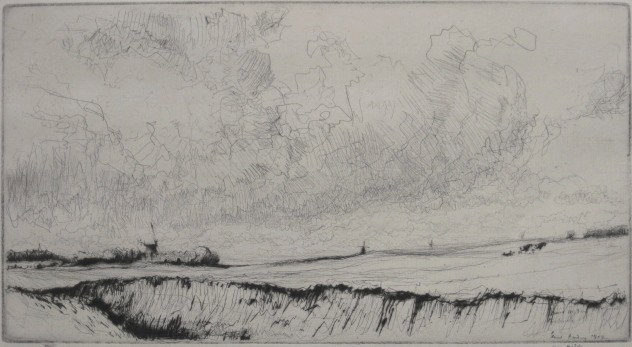 James Mc Bey drypoint: James Mc Bey (British 1883-1959)- ''April in Kent'' (Hardie & Carter 114)- etching, 1912, signed and numbered XXVIII in pen, edition of 40, very good condition. 6 1/8 x 11 3/8''