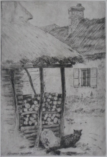 Richard Ranft drypoint: Richard Ranft (French 1862-1931)- ''Le Chat Du Village''- drypoint, ca. 1920, signed and numbered 29/30 in pencil. 8 x 5 1/4''
