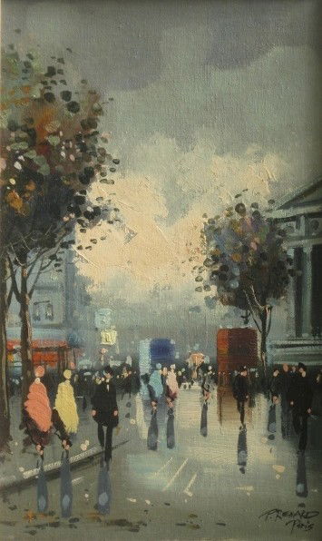 Paul Renard oil: Paul Renard (French 1941-1997)- French Street Scene- oil on panel, signed P. Renard Paris- lower right, very good condition. 23 x 13 1/2''