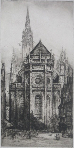 Edward Sharland etching: Edward Sharland (British active 1880-1930)- St. Nicolas du Chardonnet, Paris- etching, 1910, signed in pencil, staining and soiling in margins, otherwise good condition. 18 3/4 x 9 1/4''