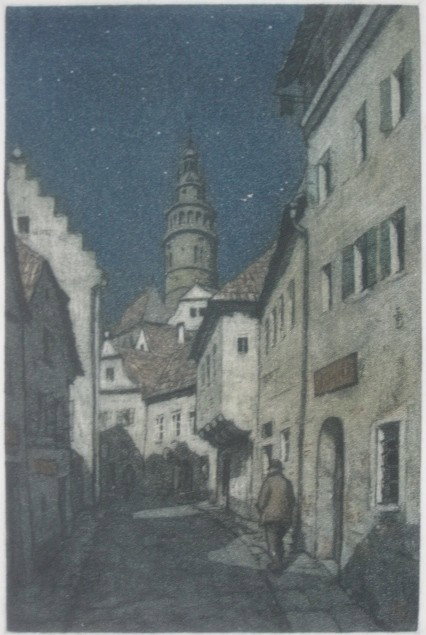 Tavik F. Simon soft-ground and aquatint: Tavik F. Simon (Czechoslovakian 1877-1942)- ''Nocturne from Cesky Kramlov'' (Baker 153)- soft-ground and aquatint in colors, 1917, signed in pencil, artist's green stamp, edition of 60, staining in ma