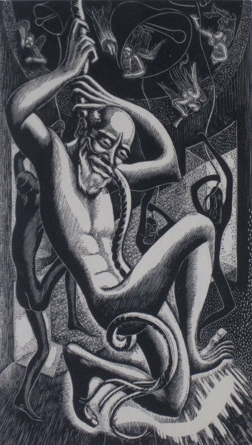 Leon Underwood wood engraving: Leon Underwood (British 1890-1975)- ''Simian Ecstasy''- wood engraving, 1933, signed, dated and titled in pencil. 7 1/2 x 4 3/8''