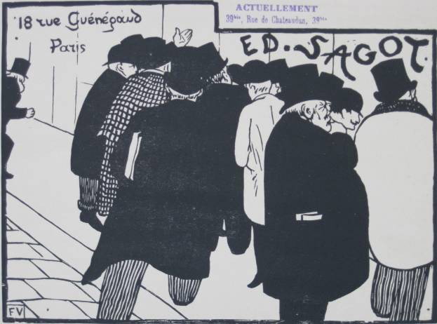 Felix Vallotton woodcut: Felix-Edouard Vallotton (Swedish 1865-1925)- ''Les Amateurs d'Estampes'' (Vallotton and Goerg 107c)- woodcut, 1892, published by Sagot as a change of address card, very good condition. 7 3/8 x 10''