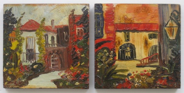 Attributed to Louis Valtat 2 oils: Attributed to Louis Valtat (French 1869-1952)- Courtyard Scenes- 2 oils on panel, both initialed LV, very good condition. 5 x 5'' ea.